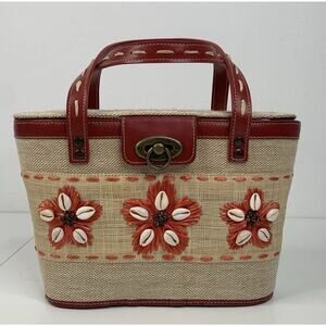 VTG Bahamas straw Woven Puka shell 1980s Gingham Grandma basket handbag purse